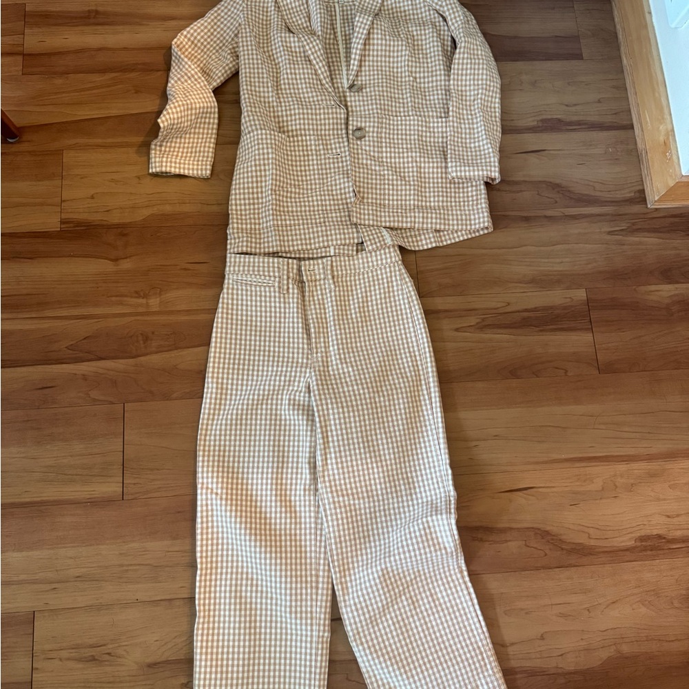 Madewell gingham linen set- blazer and slim emmet wide leg pants